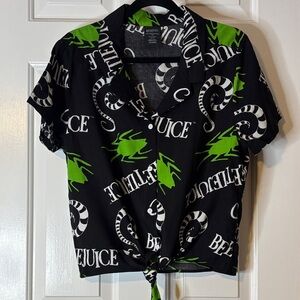 Bioworld Beetlejuice Black and Green Button Down Tie Front Shirt